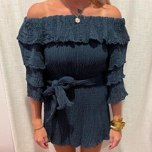 Navy blue mini ruffle dress with tie around the waist! From C/Meo Collective